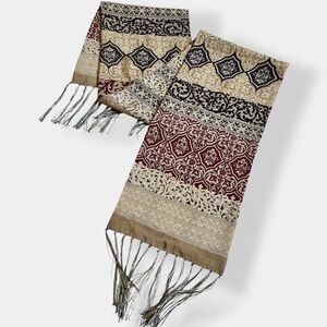 Vintage Boho Damask Patterned Scarf with Fringe Ornate Pattern Earth Tones